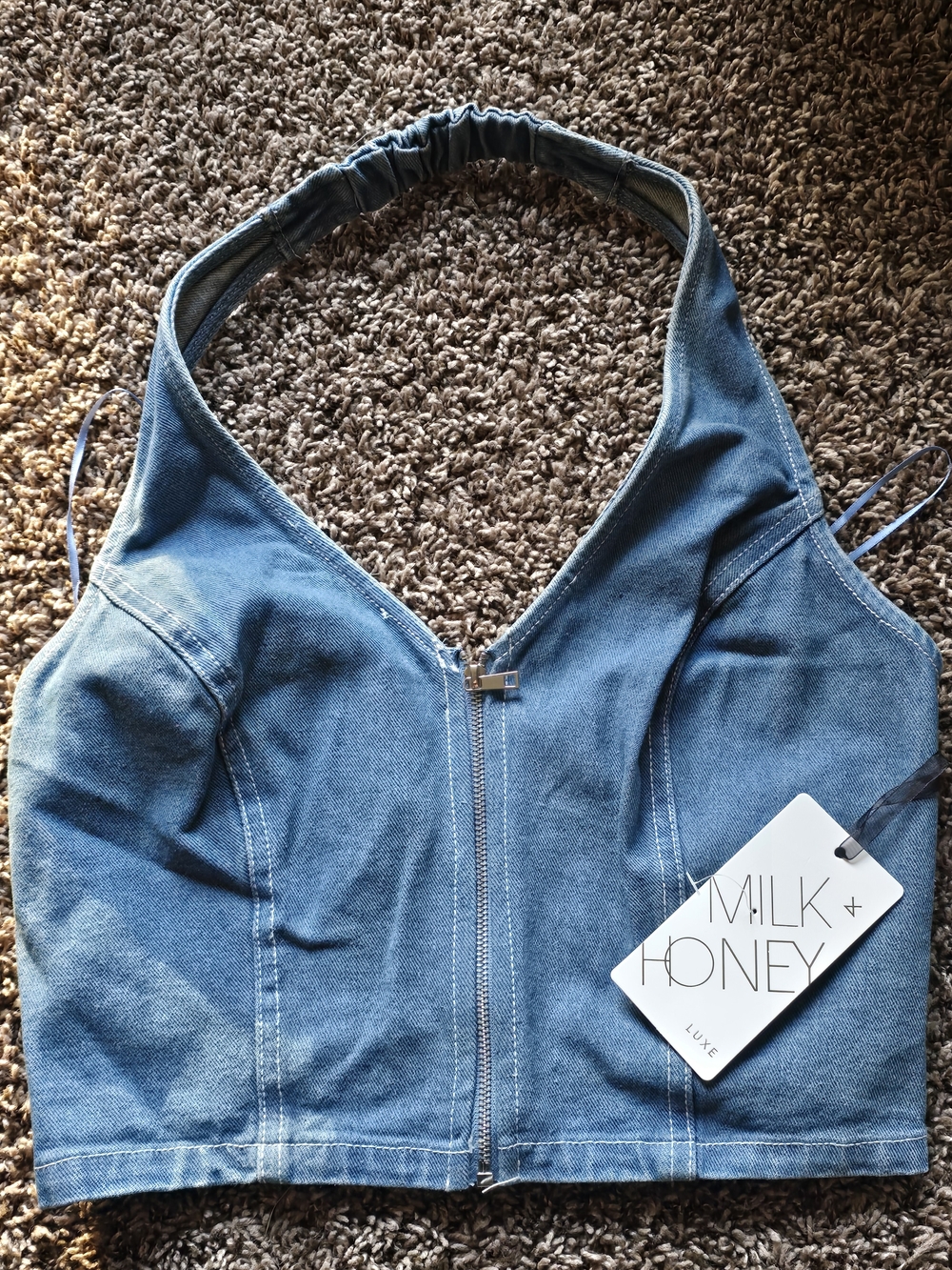 Milk + Honey Blue Denim Zip-Front Halter Crop Top